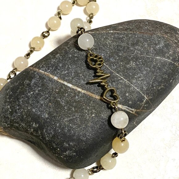 Natural Yellow Aventurine Necklace, Bronze Paw Print Heart Beat+Genuine Gemstone - Picture 4 of 14